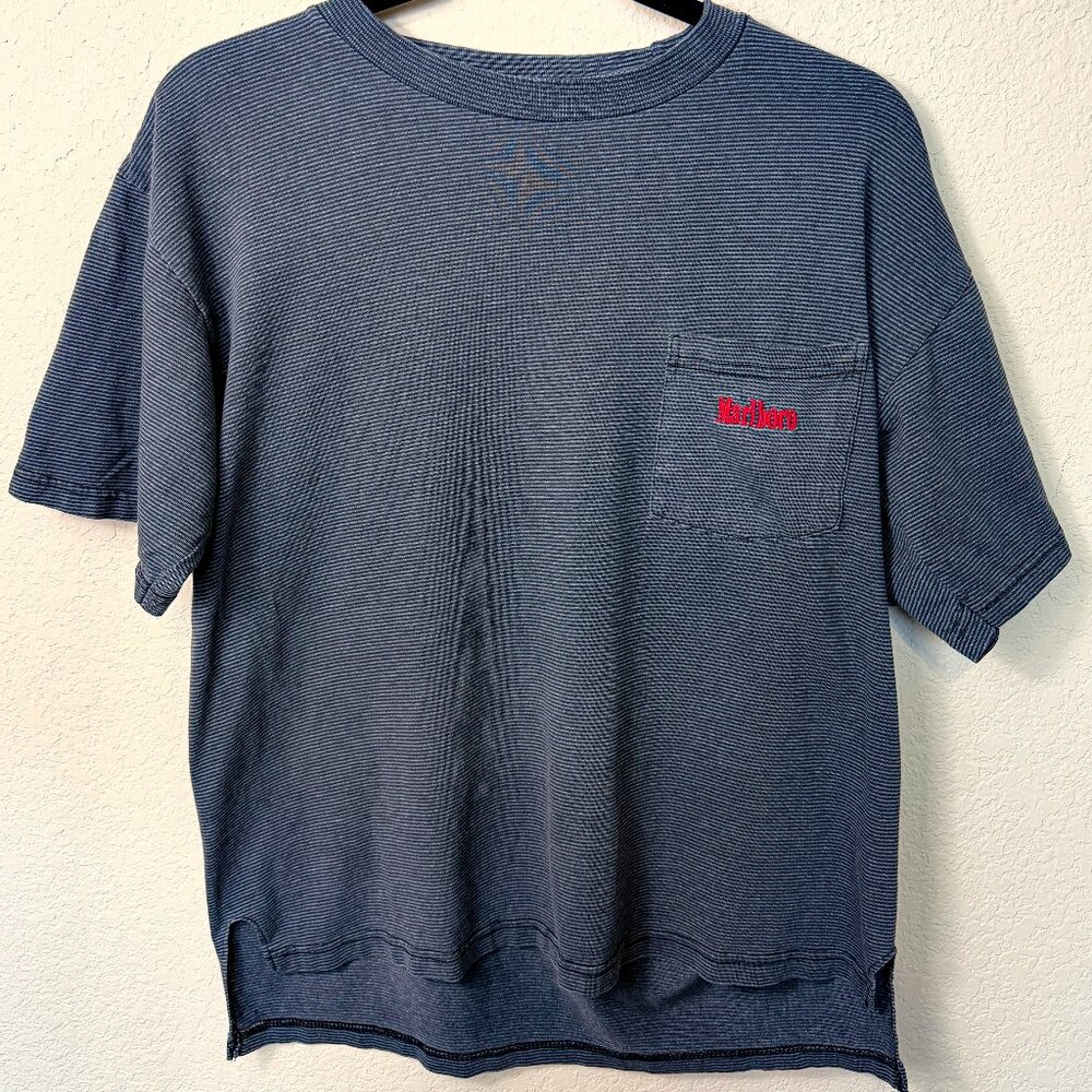 Marlboro Retro Striped T-Shirt S/M — Gray/Black w/ Red Embroidered Pocket Logo